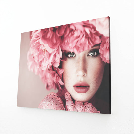 Powder Pink Plume Photography Wall Art – angled canvas view on white background