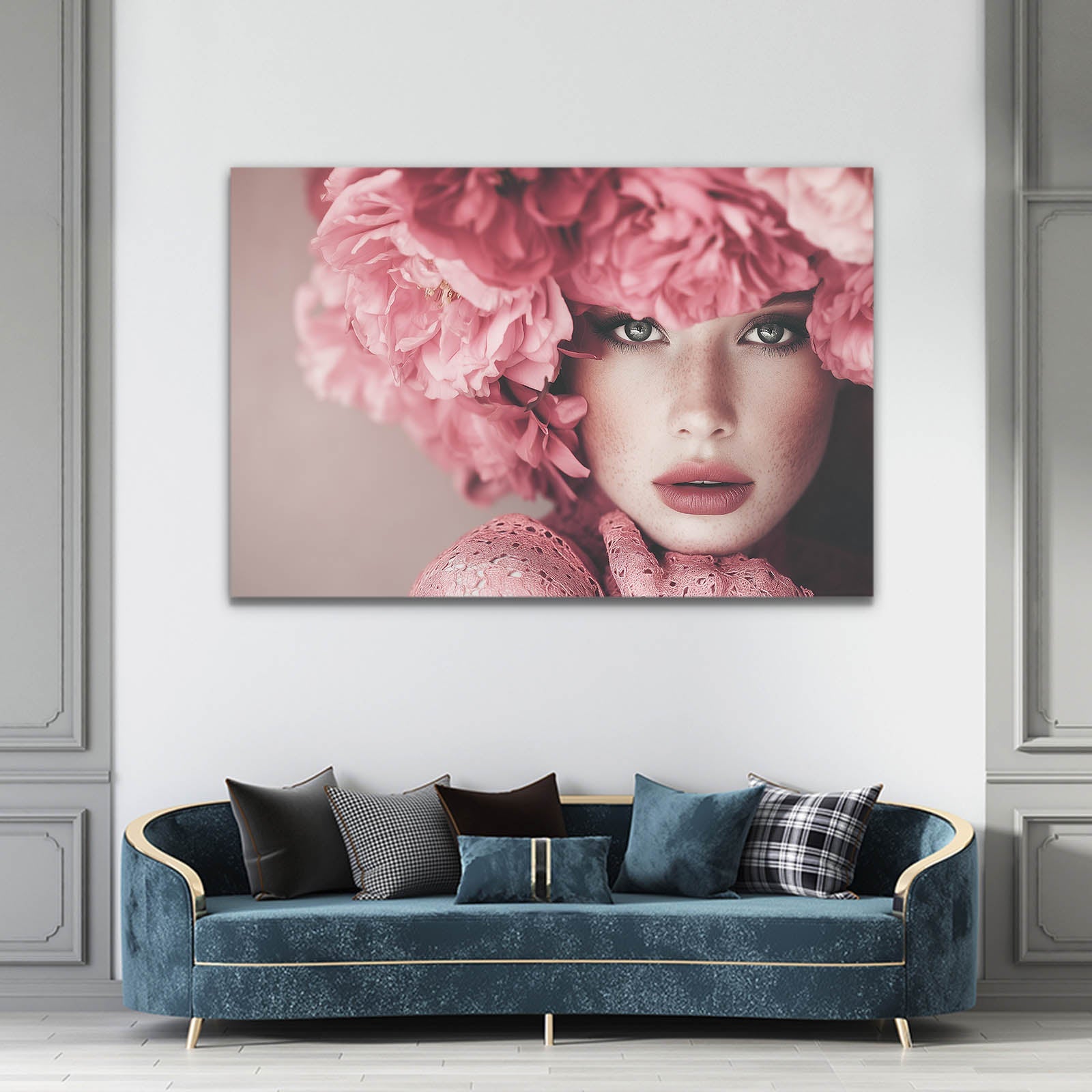 Powder Pink Plume Photography Wall Art – above a blue velvet sofa in a classic room