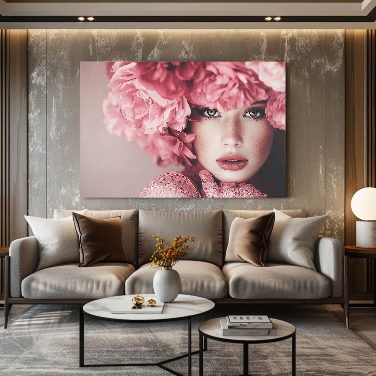Powder Pink Plume Photography Wall Art – above a taupe sofa on a rustic wall