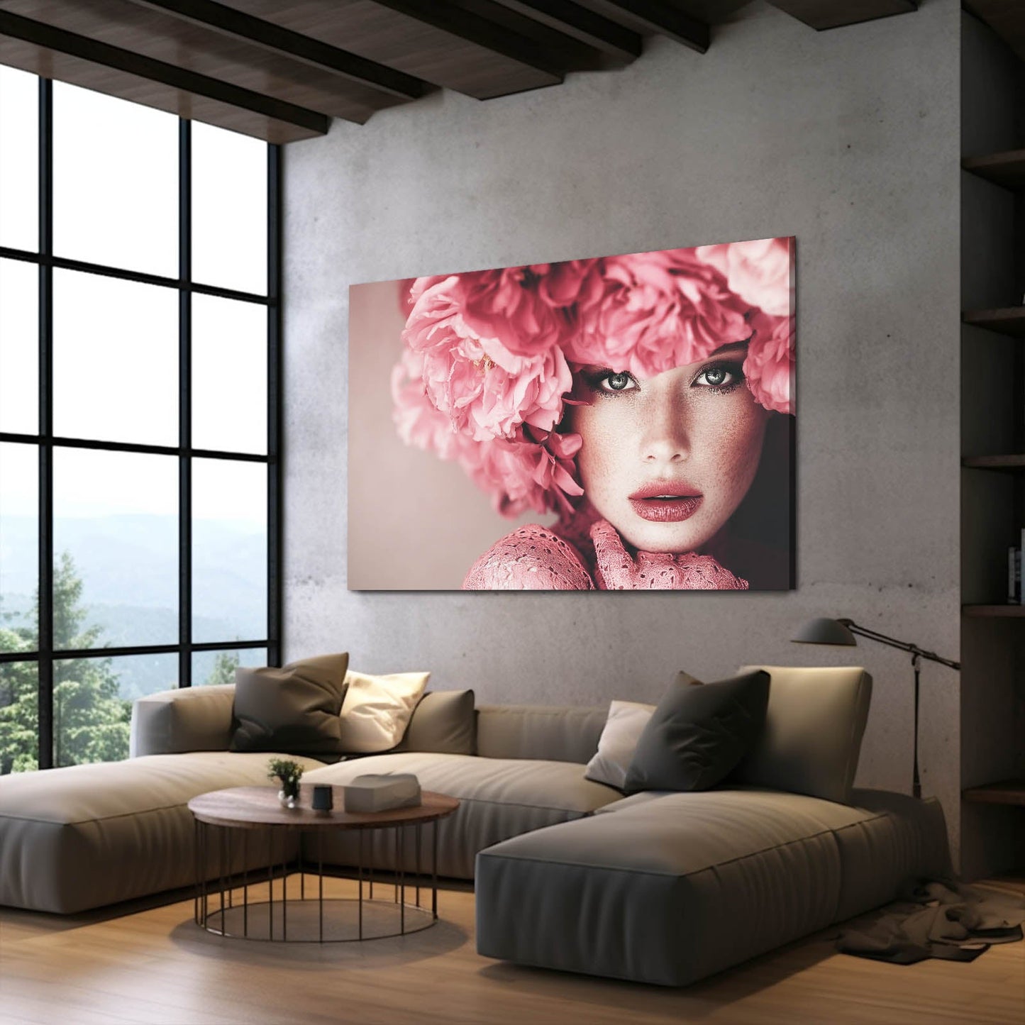 Powder Pink Plume Photography Wall Art – in a concrete loft with a grey sofa