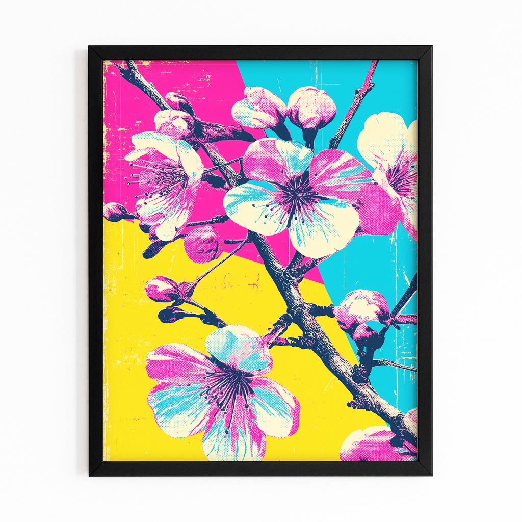 Primary Pop Sprig Cherry Blossom Wall Art – with Premium Black frame on white background