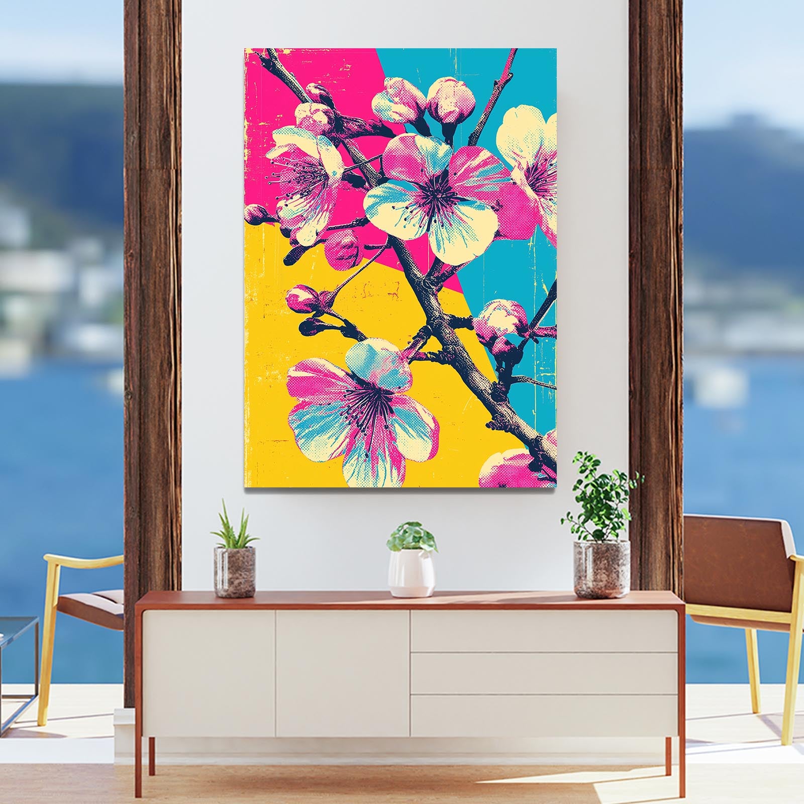 Primary Pop Sprig Cherry Blossom Wall Art – styled in a furnished interior