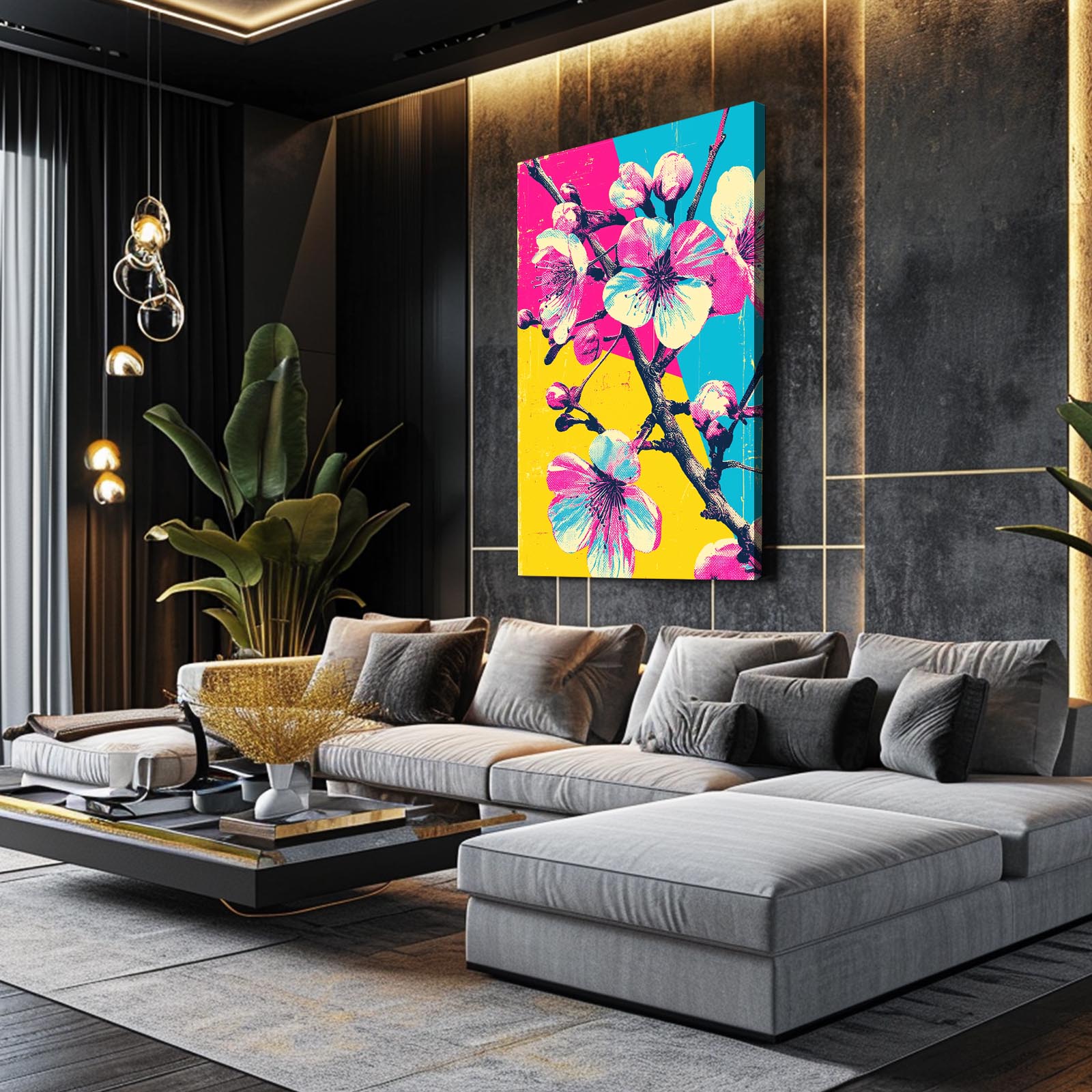 Primary Pop Sprig Cherry Blossom Wall Art – styled in a furnished interior