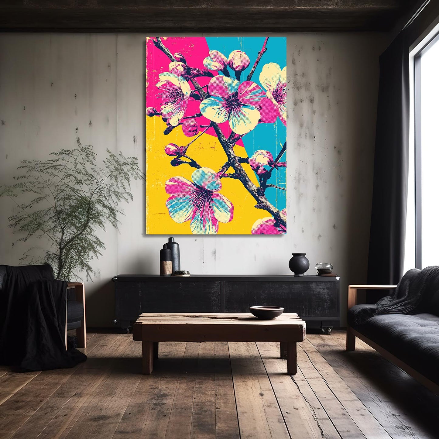 Primary Pop Sprig Cherry Blossom Wall Art – styled in a furnished interior