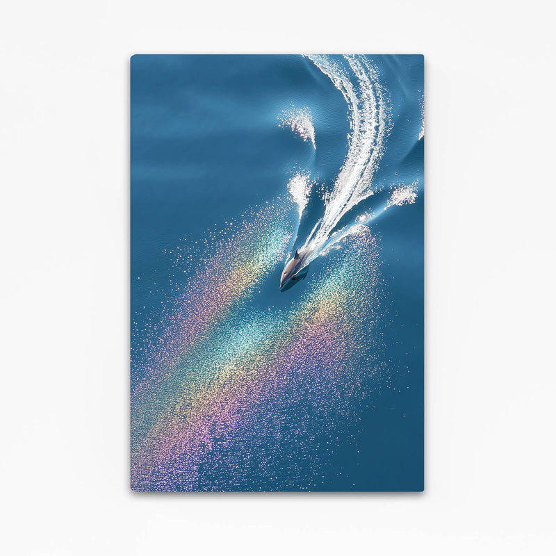 Prism Dive Dolphin Wall Art – dolphin diving at dusk trailing a rainbow prism of glittering spray