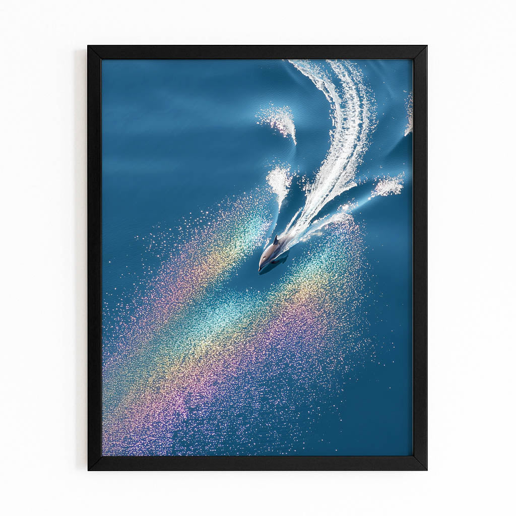 Prism Dive Dolphin Wall Art – with Premium Black wood frame on white background
