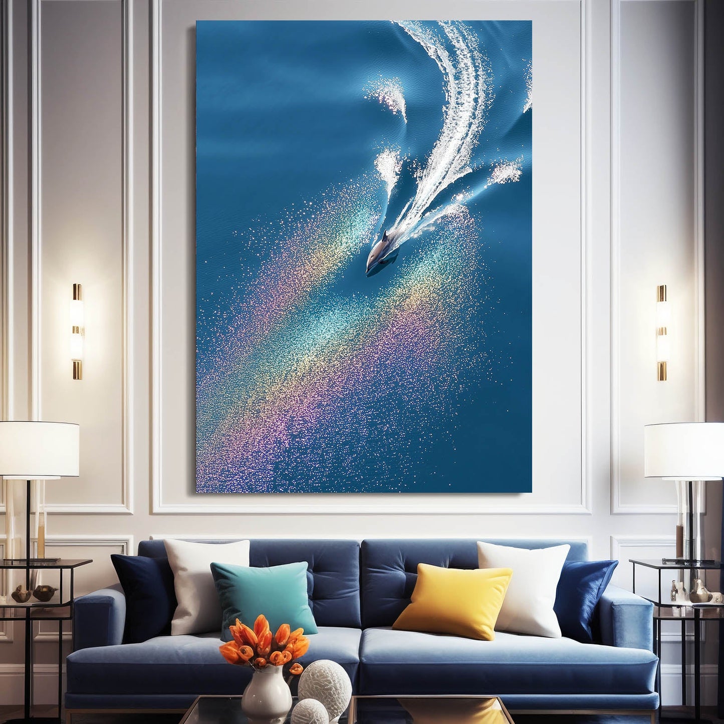 Prism Dive Dolphin Wall Art – styled in a furnished interior