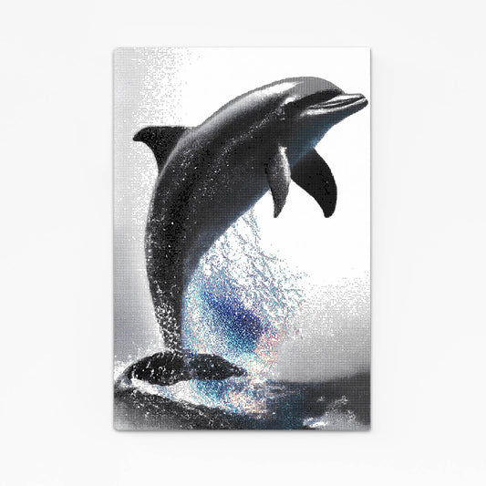 Prism Spark Dolphin Wall Art – black and white dolphin leaping with a prismatic sparkle splash