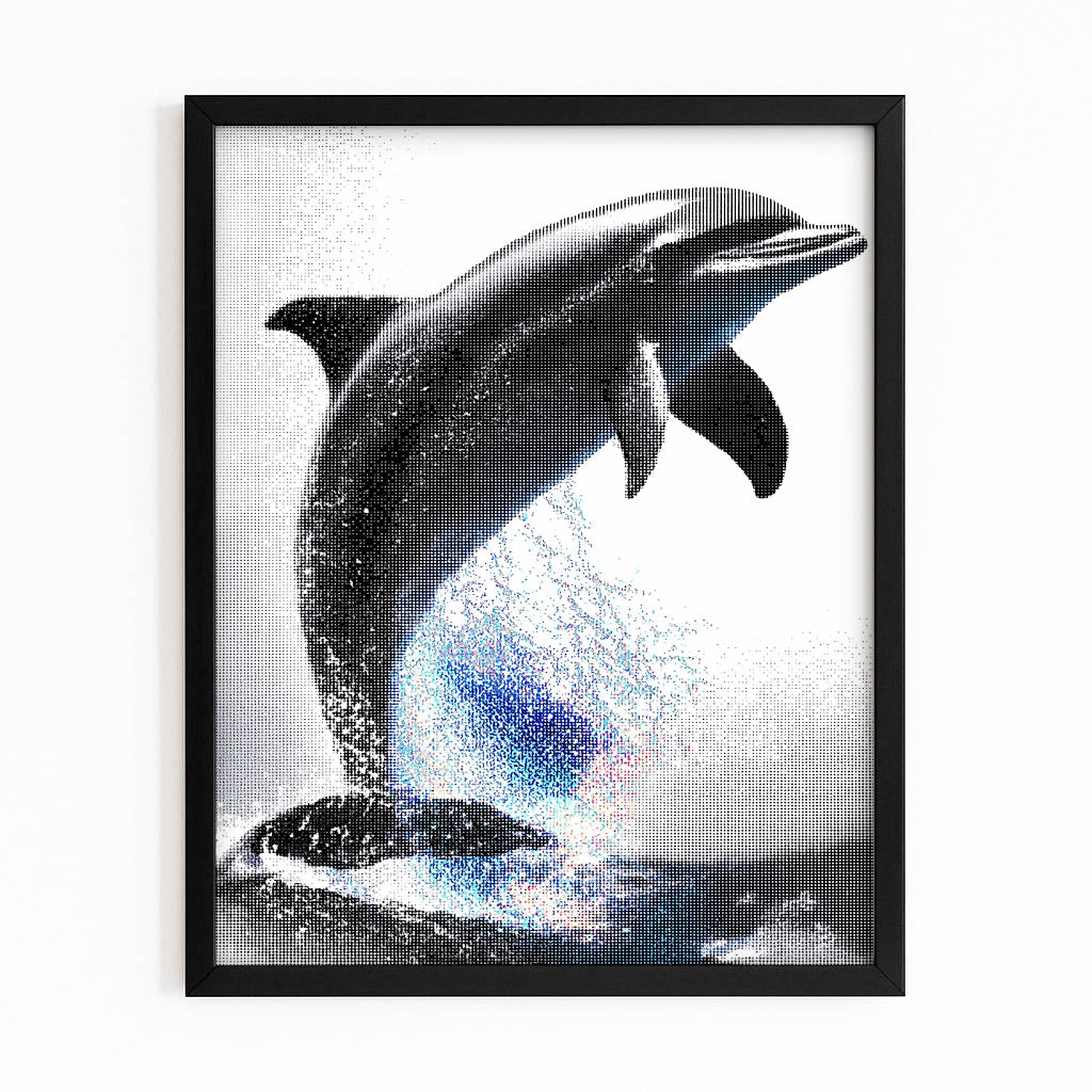 Prism Spark Dolphin Wall Art – with Premium Black wood frame on white background