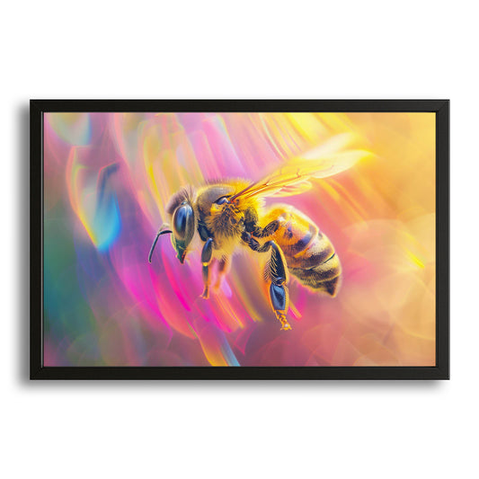Prismatic Bee Art — contemporary canvas print in orange tones, with Premium Black frame on white background