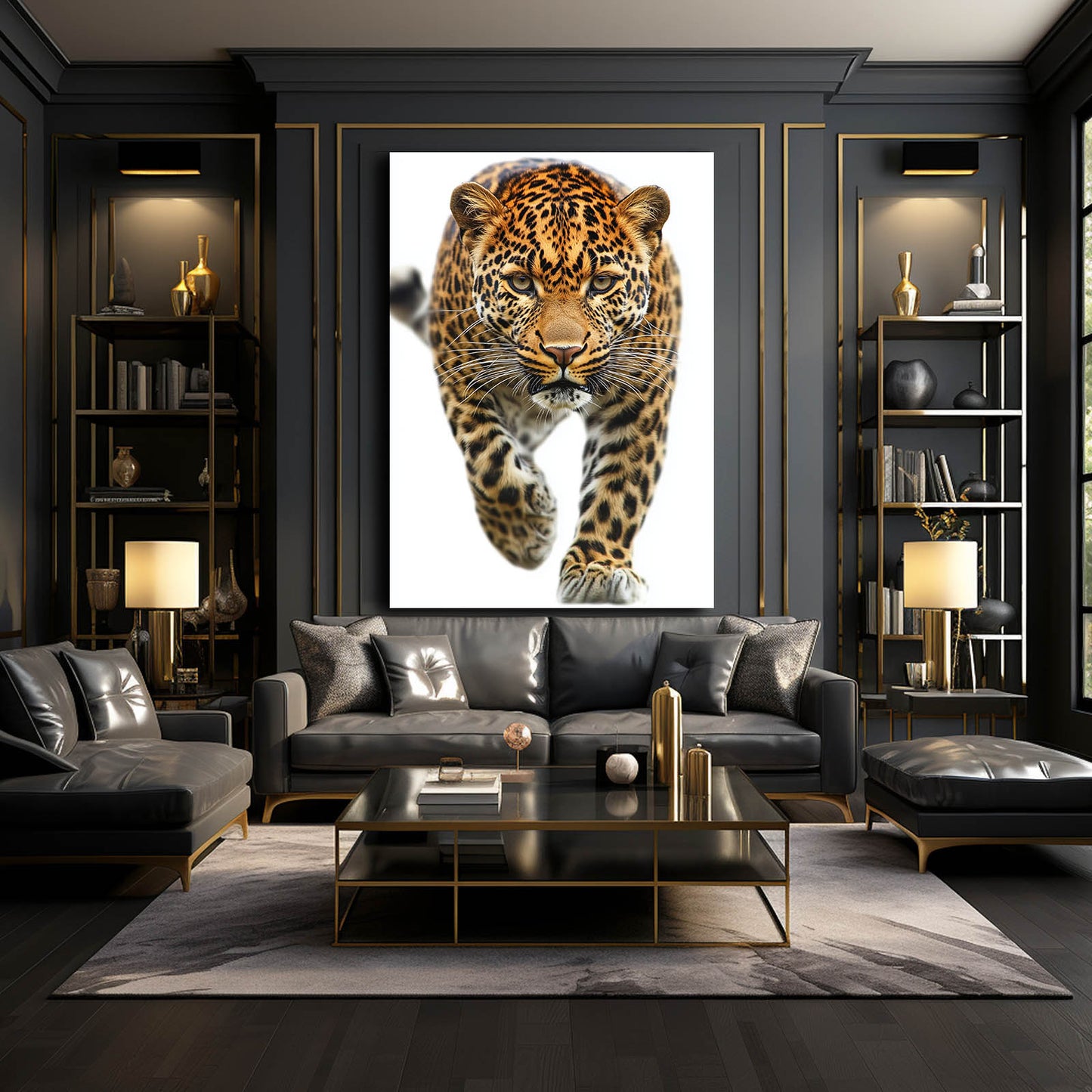 Prowling Stride Leopard Canvas Art – styled in a furnished interior