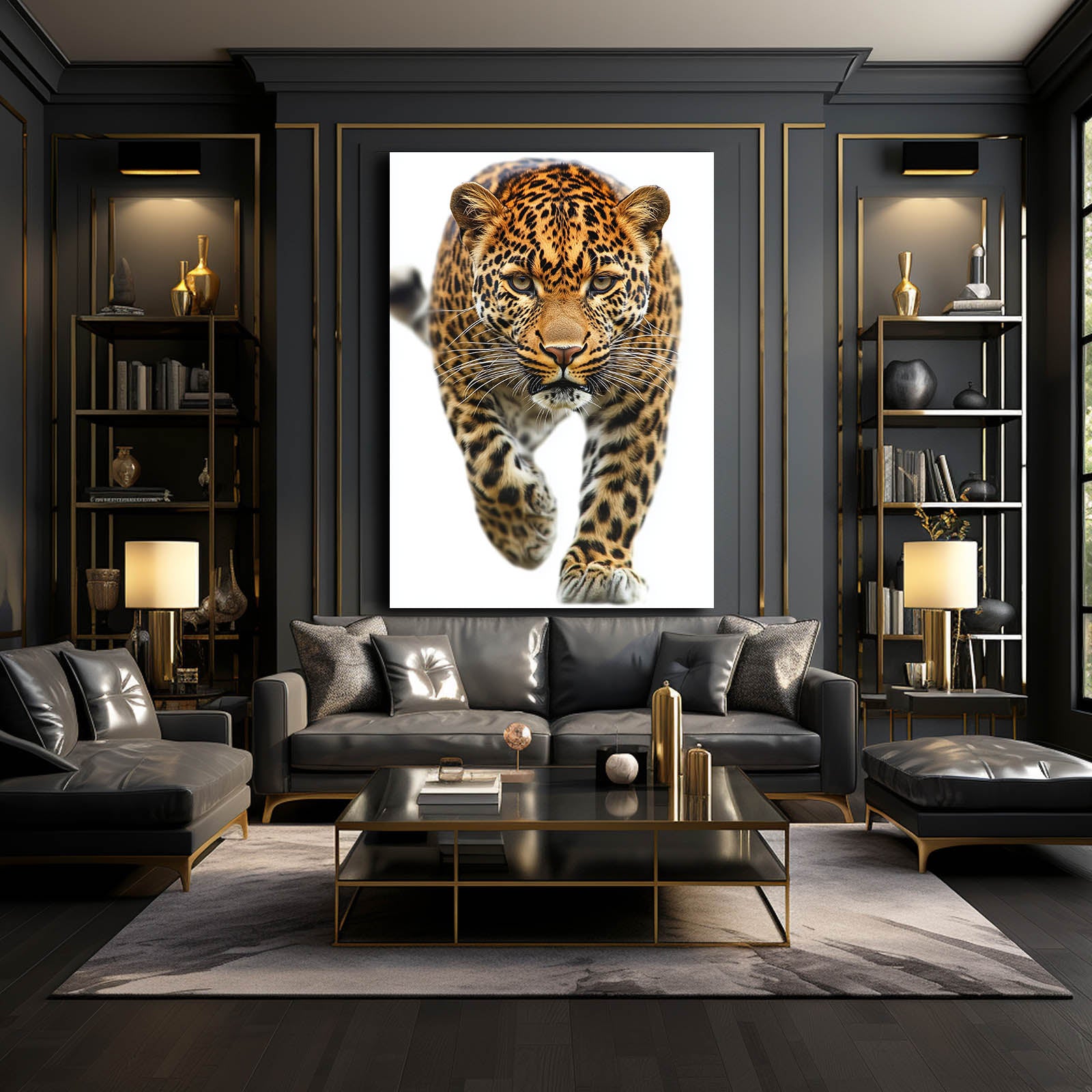 Prowling Stride Leopard Canvas Art – styled in a furnished interior
