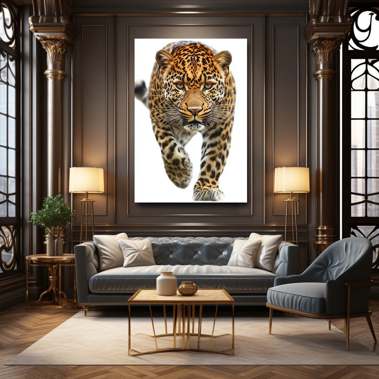 Prowling Stride Leopard Canvas Art – styled in a furnished interior