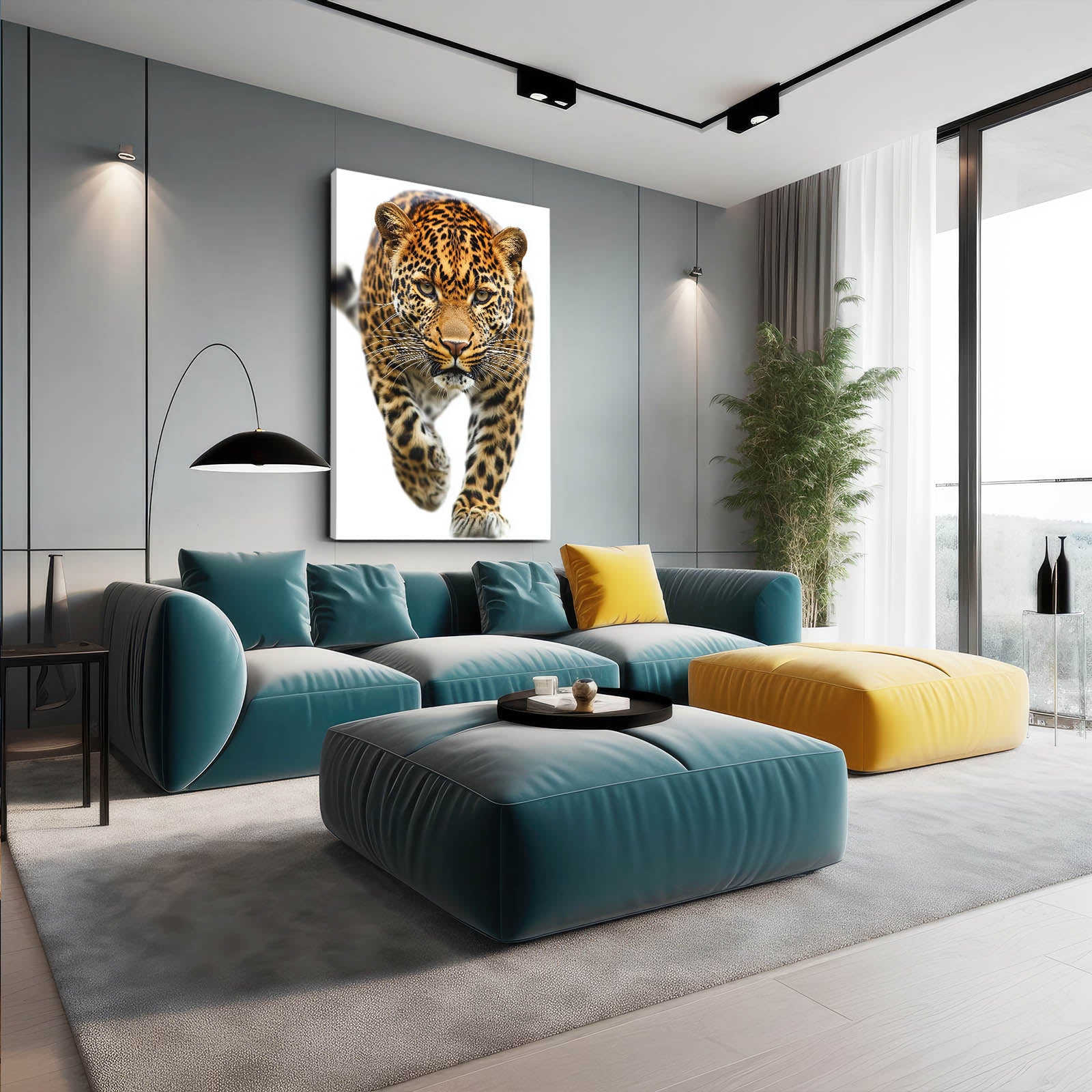 Prowling Stride Leopard Canvas Art – styled in a furnished interior