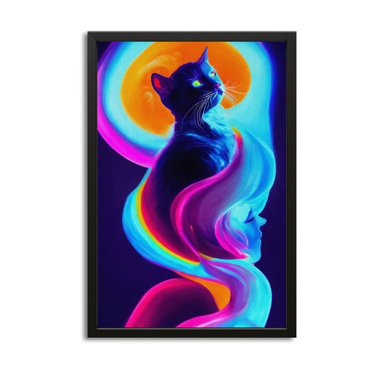 Psychedelic Cat Wall Art — contemporary canvas print in blue tones, with Premium Black frame on white background