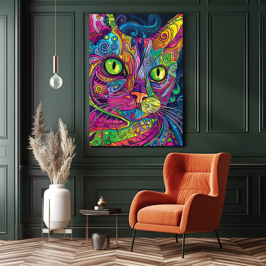 Psychedelic Colorful Cat Wall Art — psychedelic canvas print in pink tones, view 3