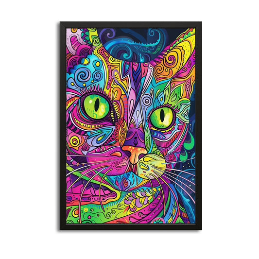 Psychedelic Colorful Cat Wall Art — psychedelic canvas print in pink tones, with Premium Black frame on white background