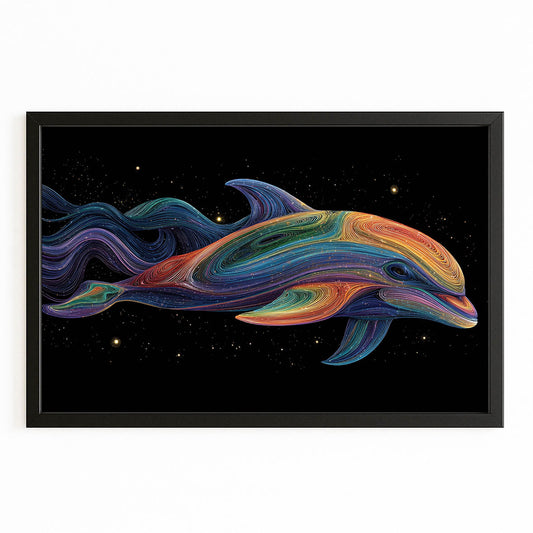 Psychedelic Flow Dolphin Art – with Premium Black wood frame on white background