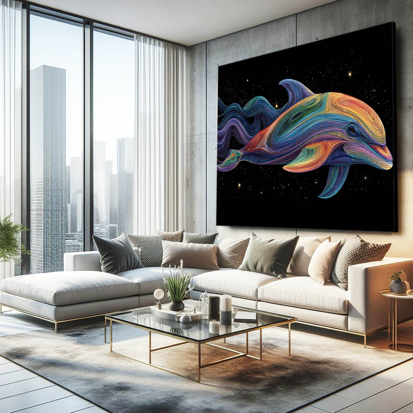 Psychedelic Flow Dolphin Art – styled in a furnished interior