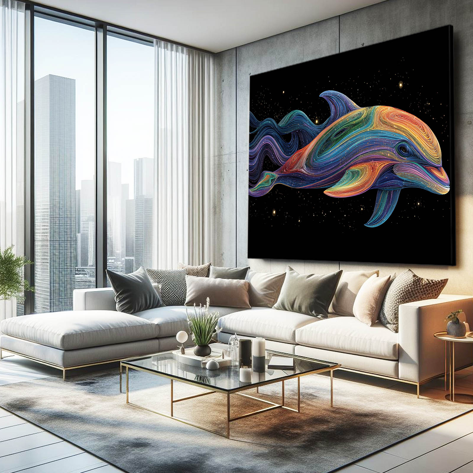 Psychedelic Flow Dolphin Art – styled in a furnished interior