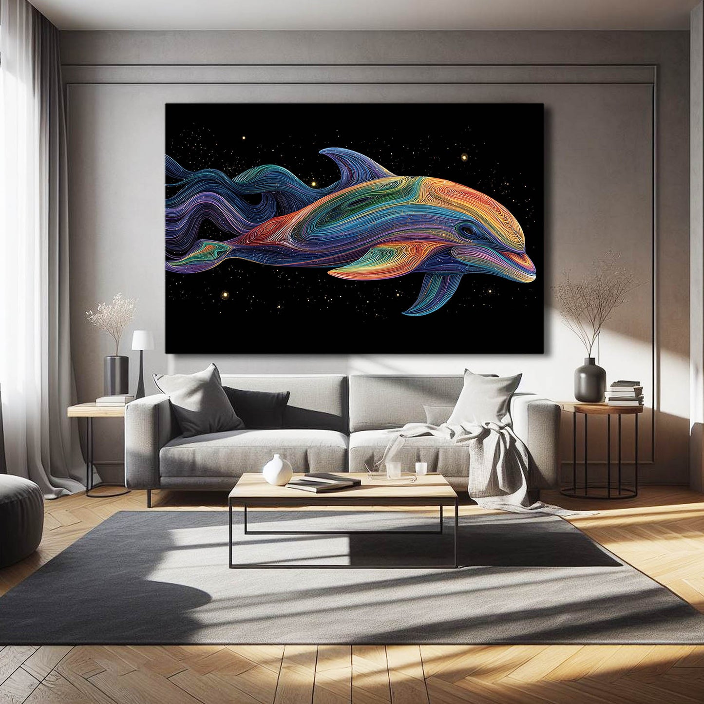 Psychedelic Flow Dolphin Art – styled in a furnished interior