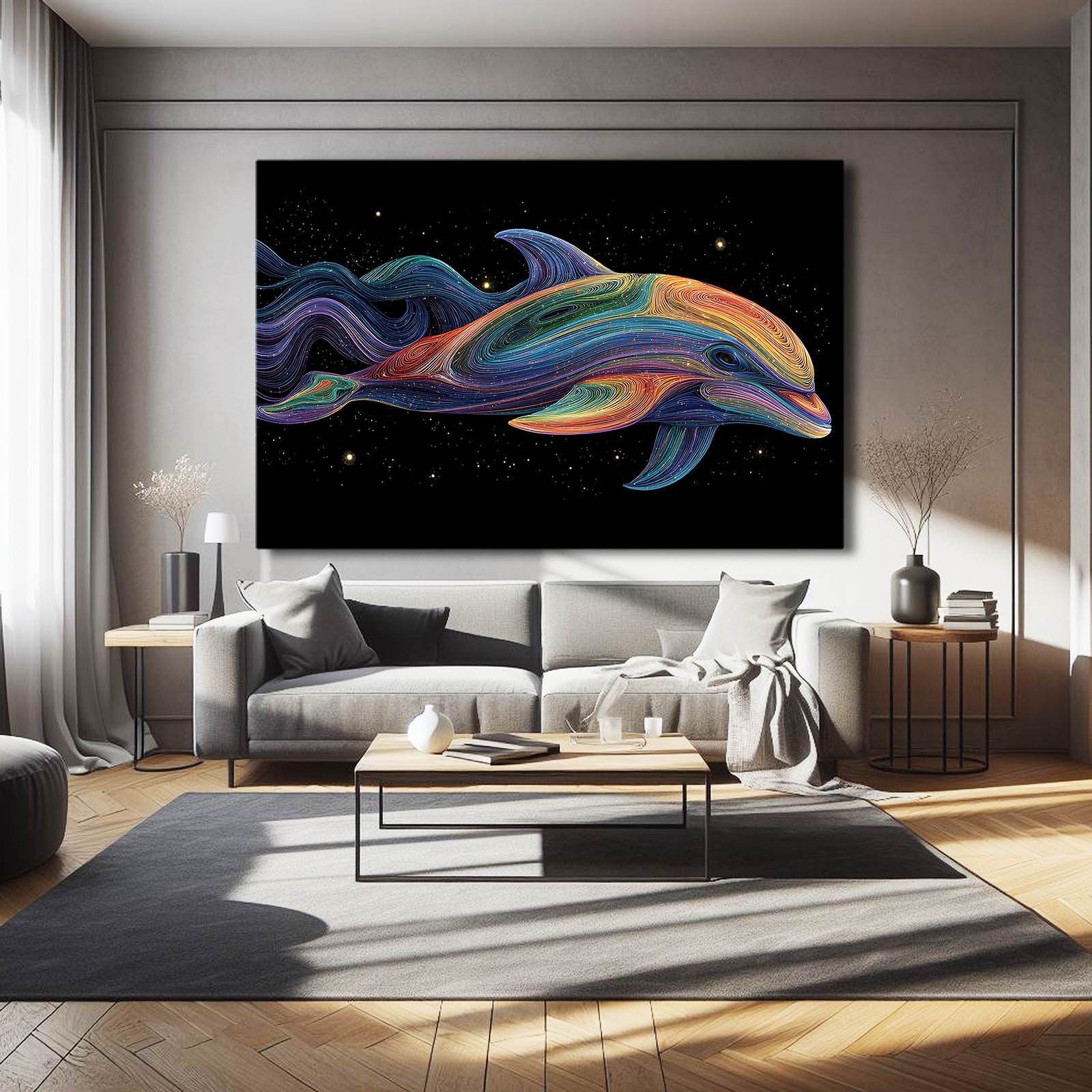 Psychedelic Flow Dolphin Art – styled in a furnished interior