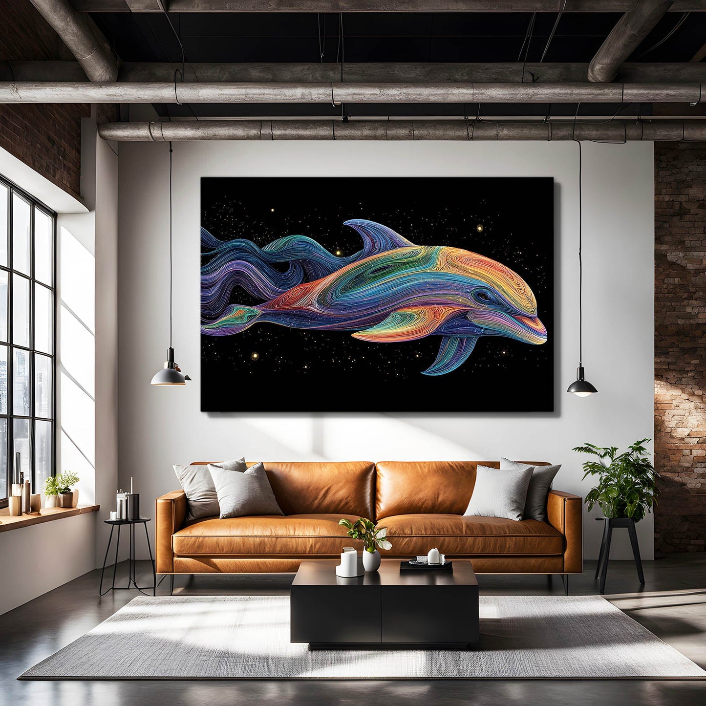 Psychedelic Flow Dolphin Art – styled in a furnished interior