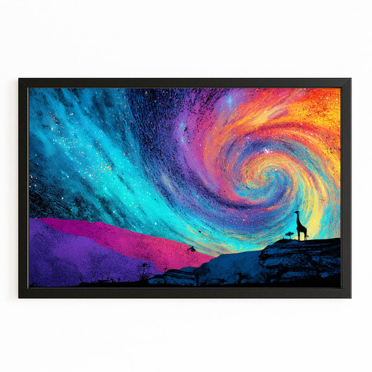 Colorful spiral galaxy art with a giraffe silhouette on a white background