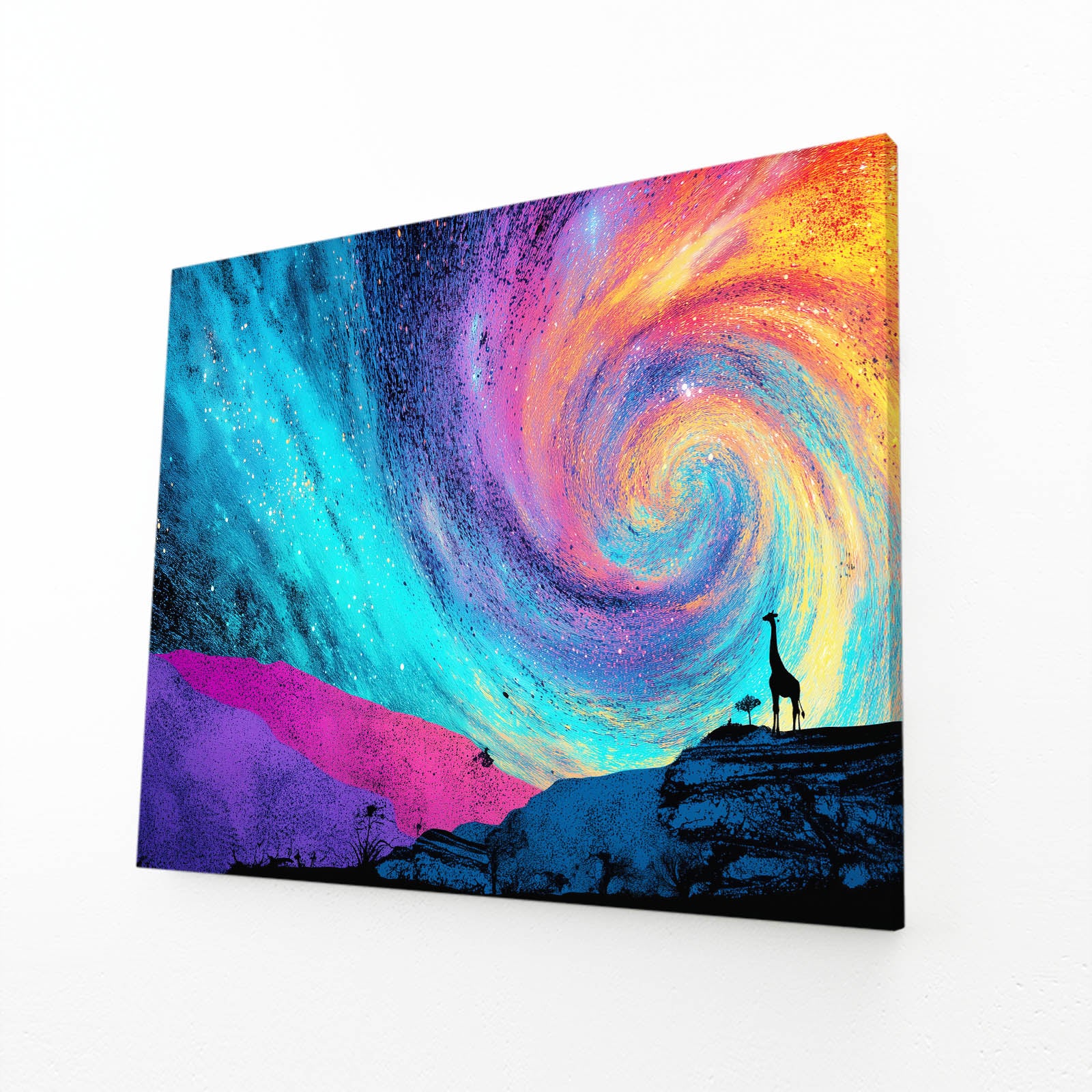 Colorful spiral galaxy art print with a silhouette of a giraffe on a white background