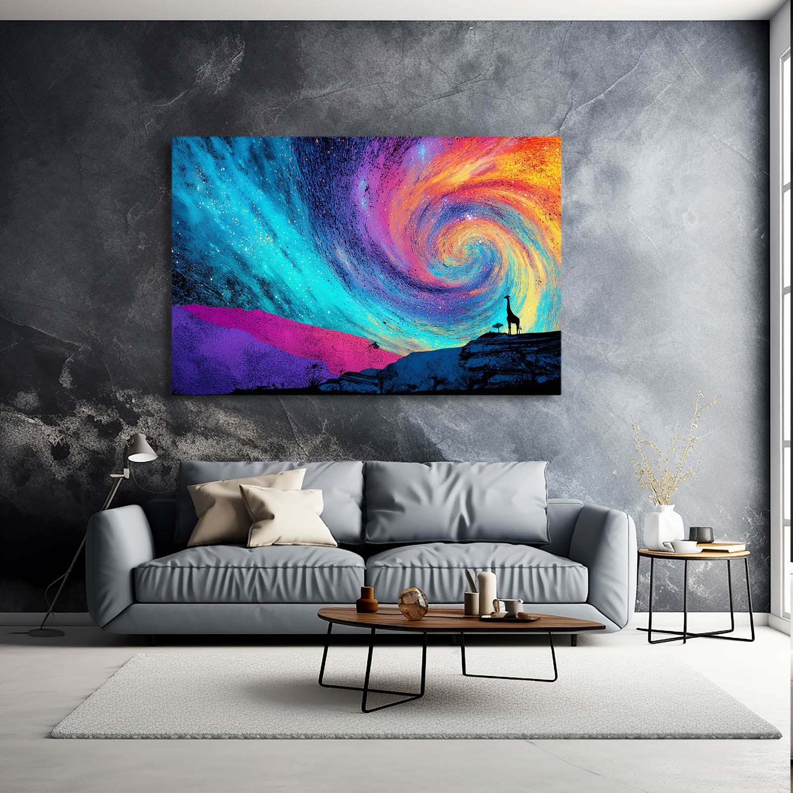 Living room with a colorful spiral galaxy painting on a gray wall.