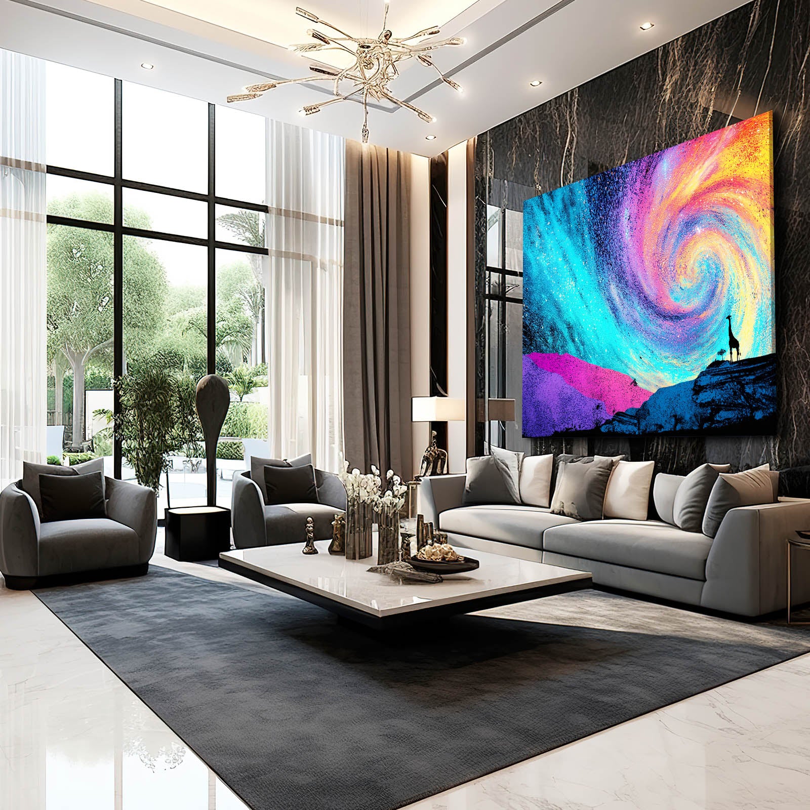 Modern living room with a colorful abstract painting on the wall.