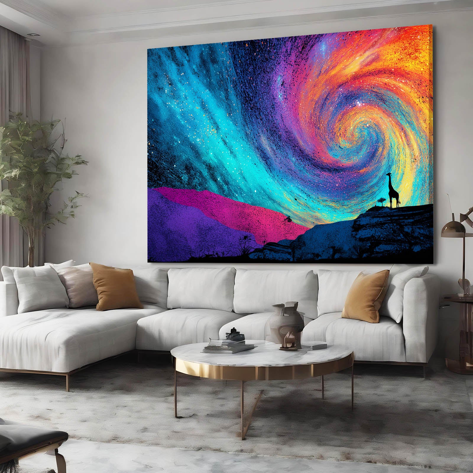 Colorful spiral galaxy painting on a wall above a white sofa in a living room.