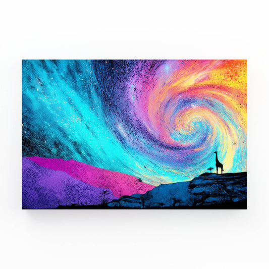 Colorful spiral galaxy painting with a silhouette of a giraffe on a white background