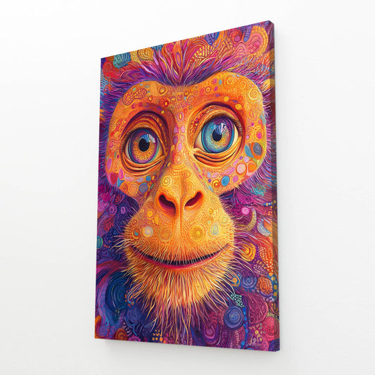Psychedelic Orange Swirl Monkey Wall Decor – angled canvas view on white background