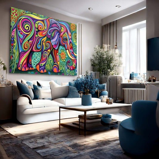 Psychedelic Pattern Elephant Art — abstract canvas print in green tones, view 3