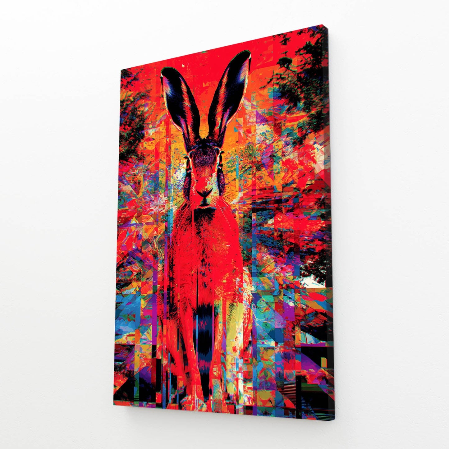 Psychedelic Rabbit Wall Art – angled canvas view on white background