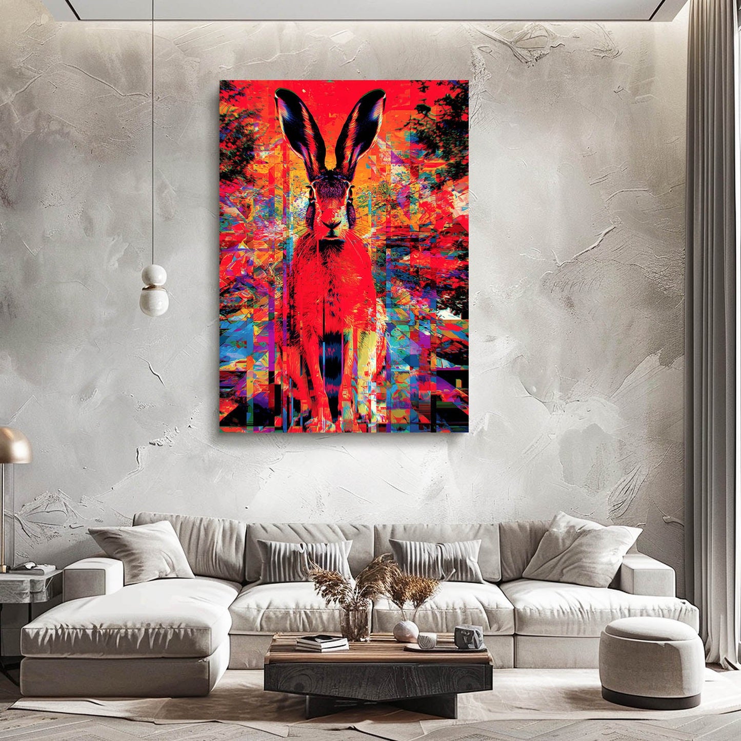Psychedelic Rabbit Wall Art – angled canvas view on white background