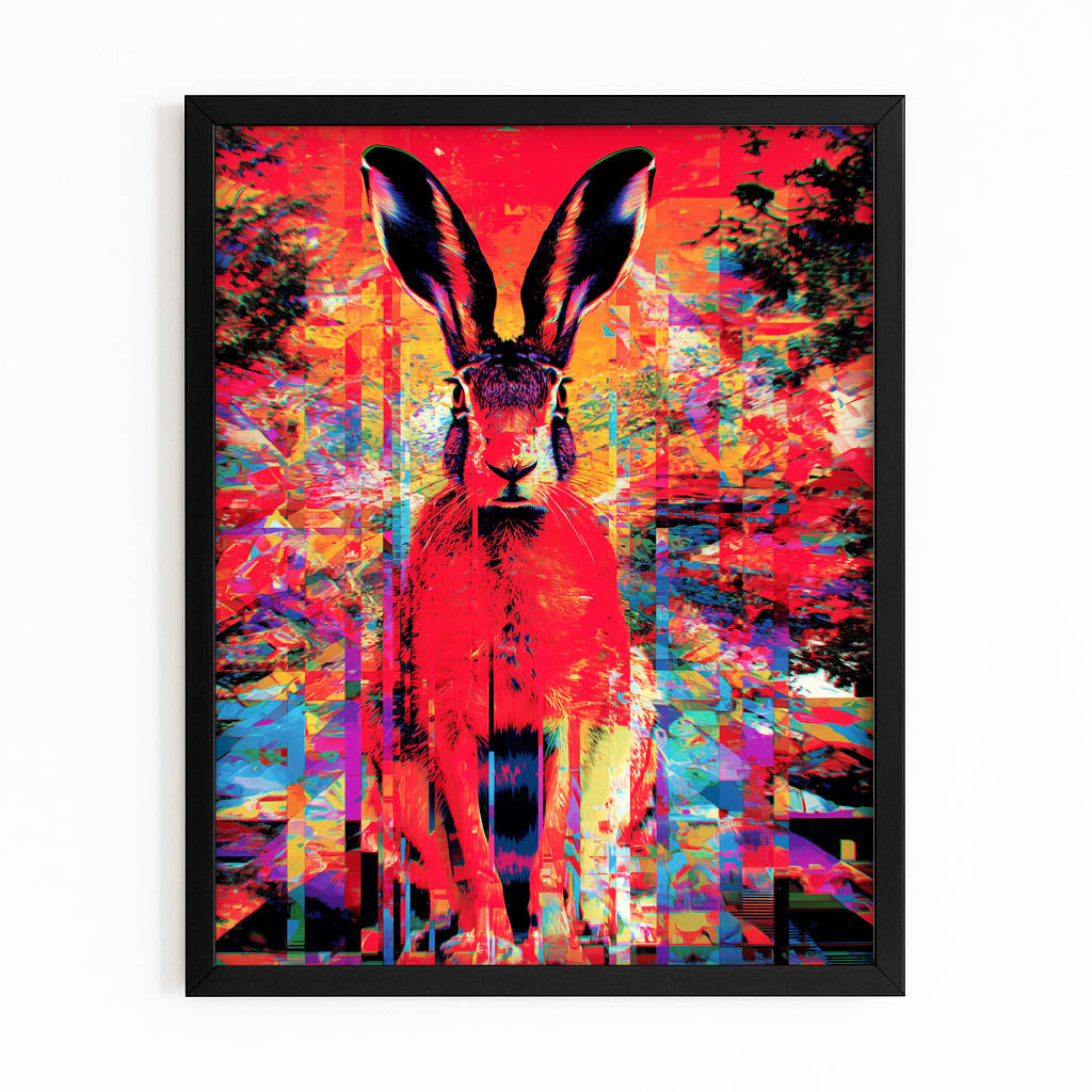 Psychedelic Rabbit Wall Art – with Premium Black frame on white background