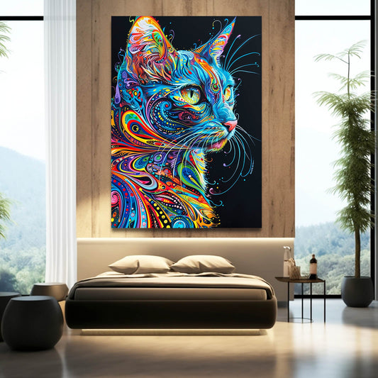 Psychedelic Whiskers Cat Art — digital canvas print in blue tones, view 3