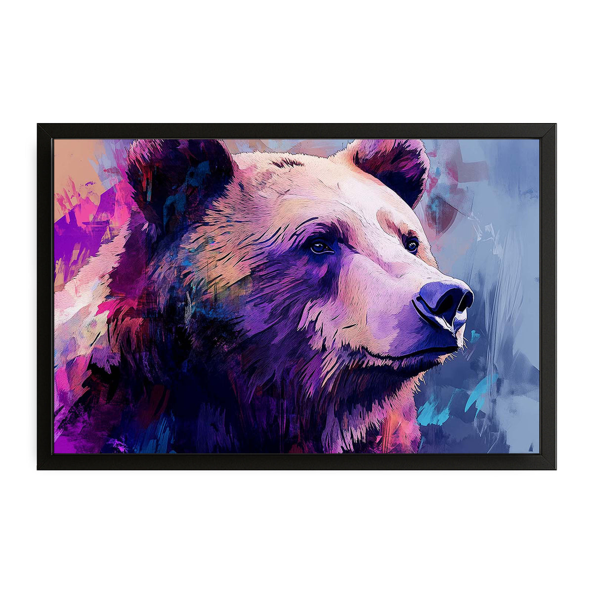 Purple Bear Wall Art — contemporary canvas print in blue tones, with Premium Black frame on white background