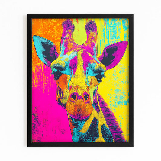 Colorful abstract giraffe painting with a black frame on a white background