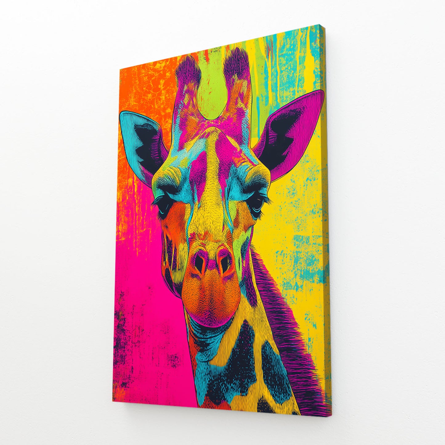 Colorful abstract giraffe painting on a white background