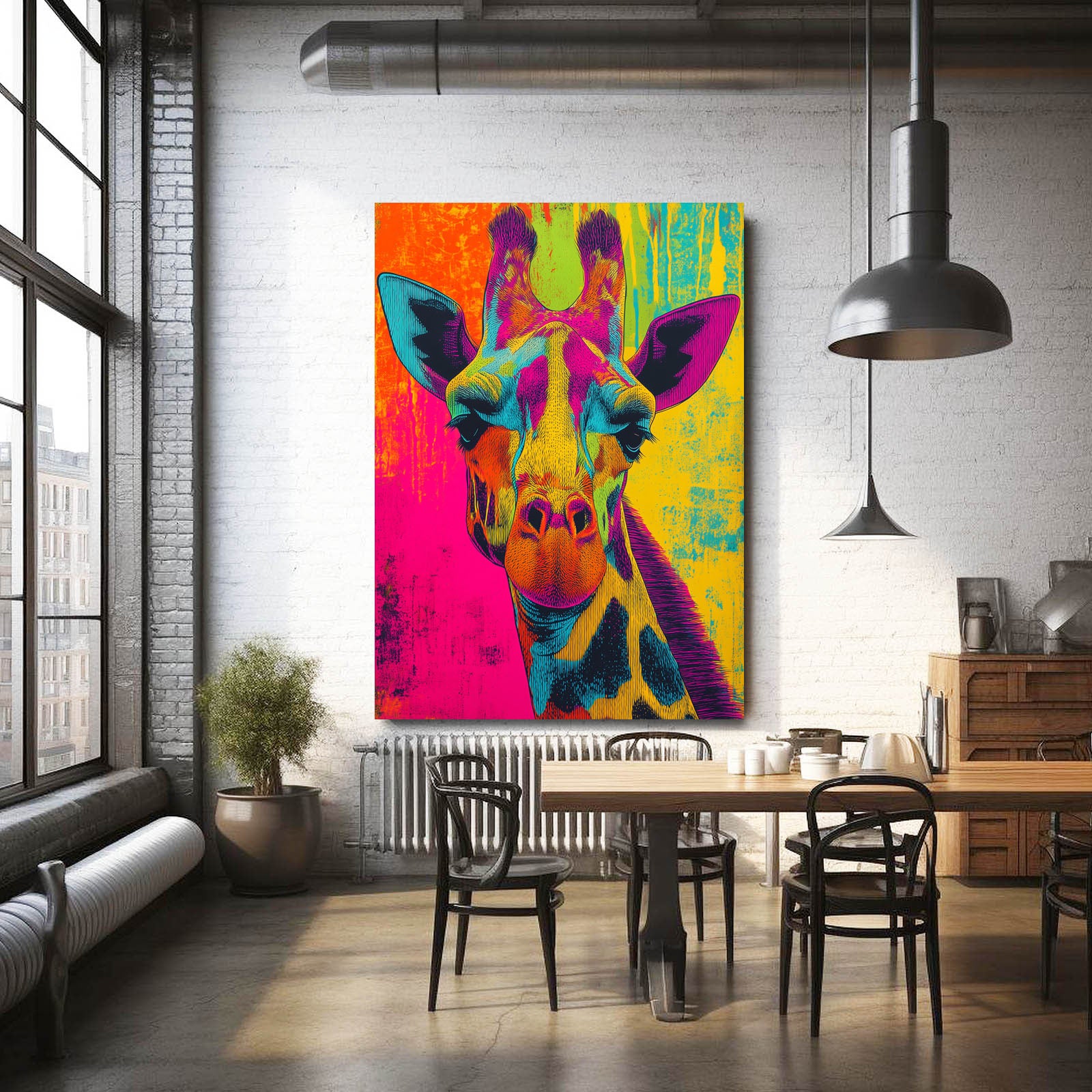 Colorful giraffe painting on a wall in a modern living room.