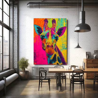 Colorful giraffe painting on a wall in a modern living room.