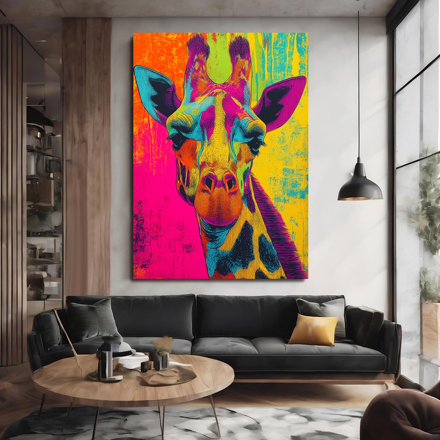Colorful abstract giraffe painting on a wall above a black sofa in a modern living room.
