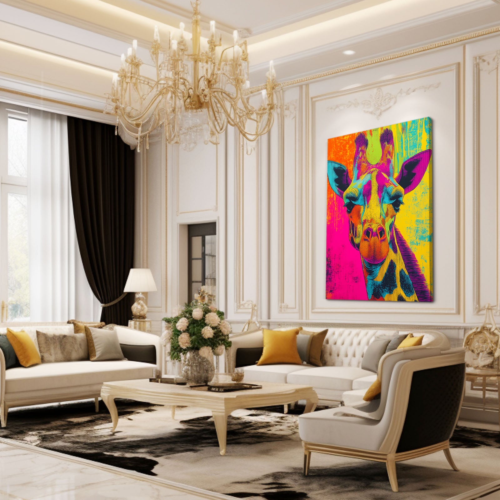 Luxurious living room with a chandelier, colorful artwork, and elegant furniture.
