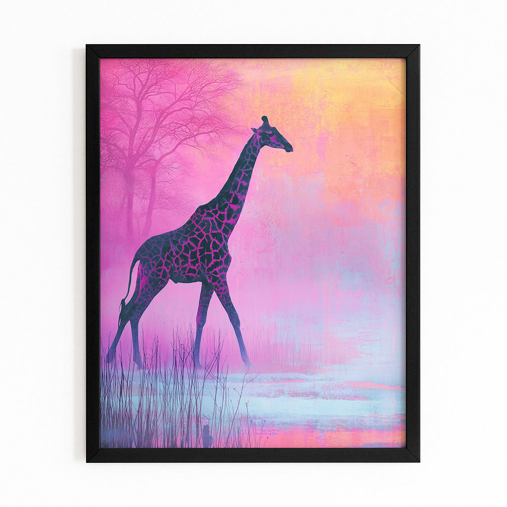 Framed artwork of a giraffe silhouette against a colorful, abstract background.