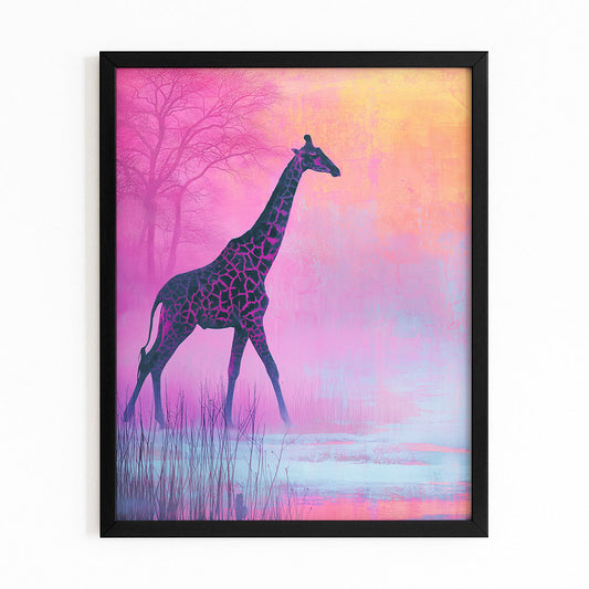 Framed artwork of a giraffe silhouette against a colorful, abstract background.