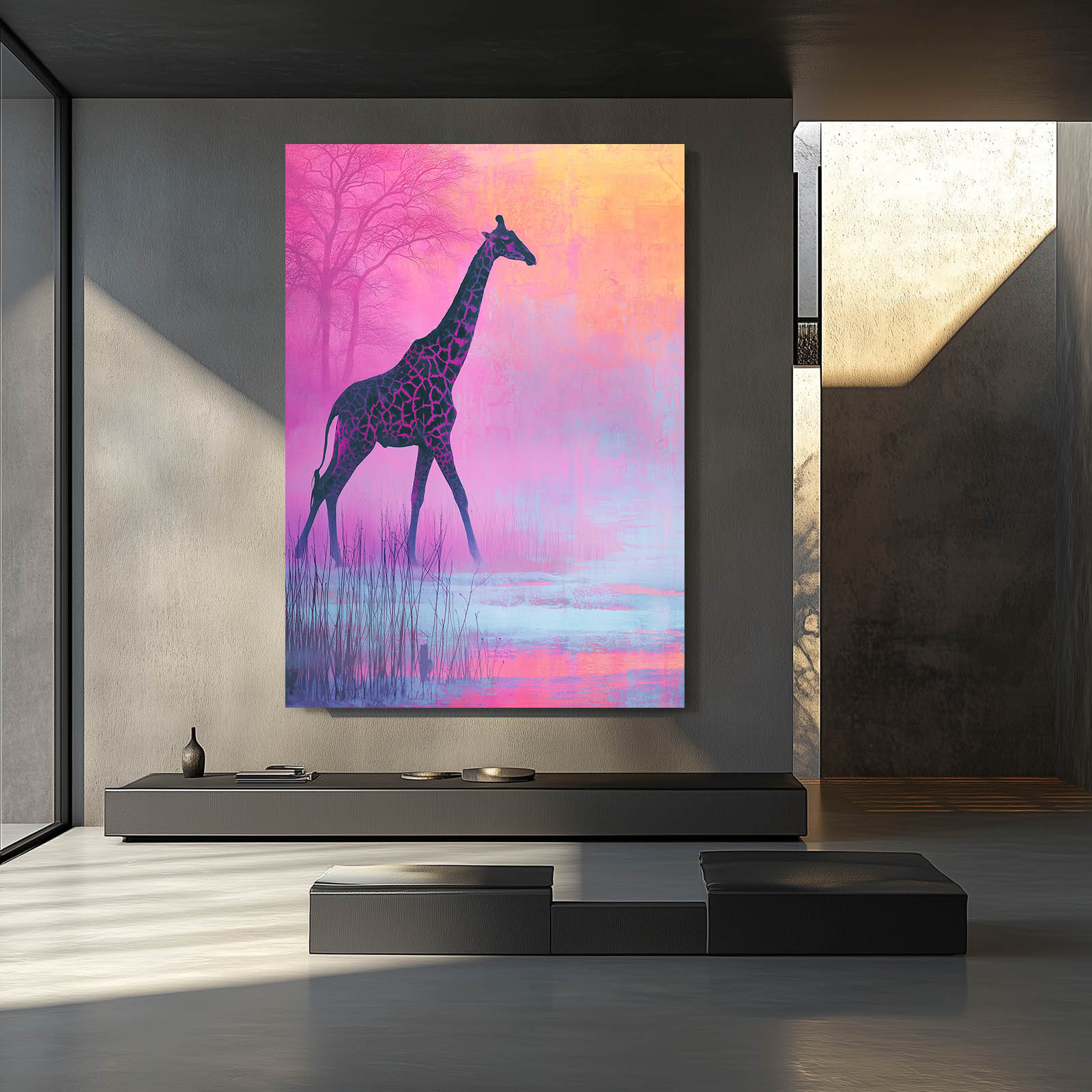 Framed artwork of a giraffe on a colorful abstract background in a modern interior setting.