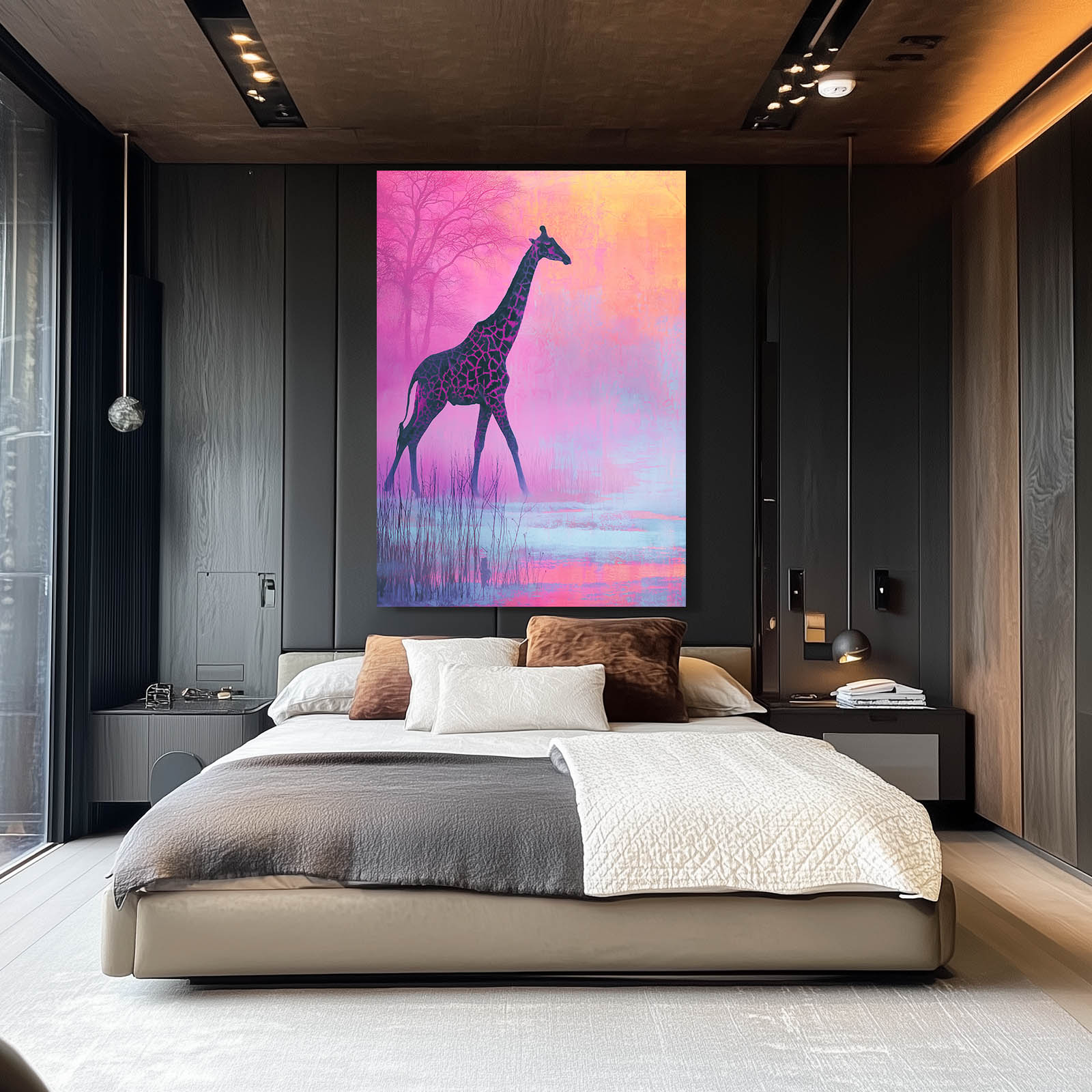 Modern bedroom with a large bed and a colorful giraffe painting on the wall.